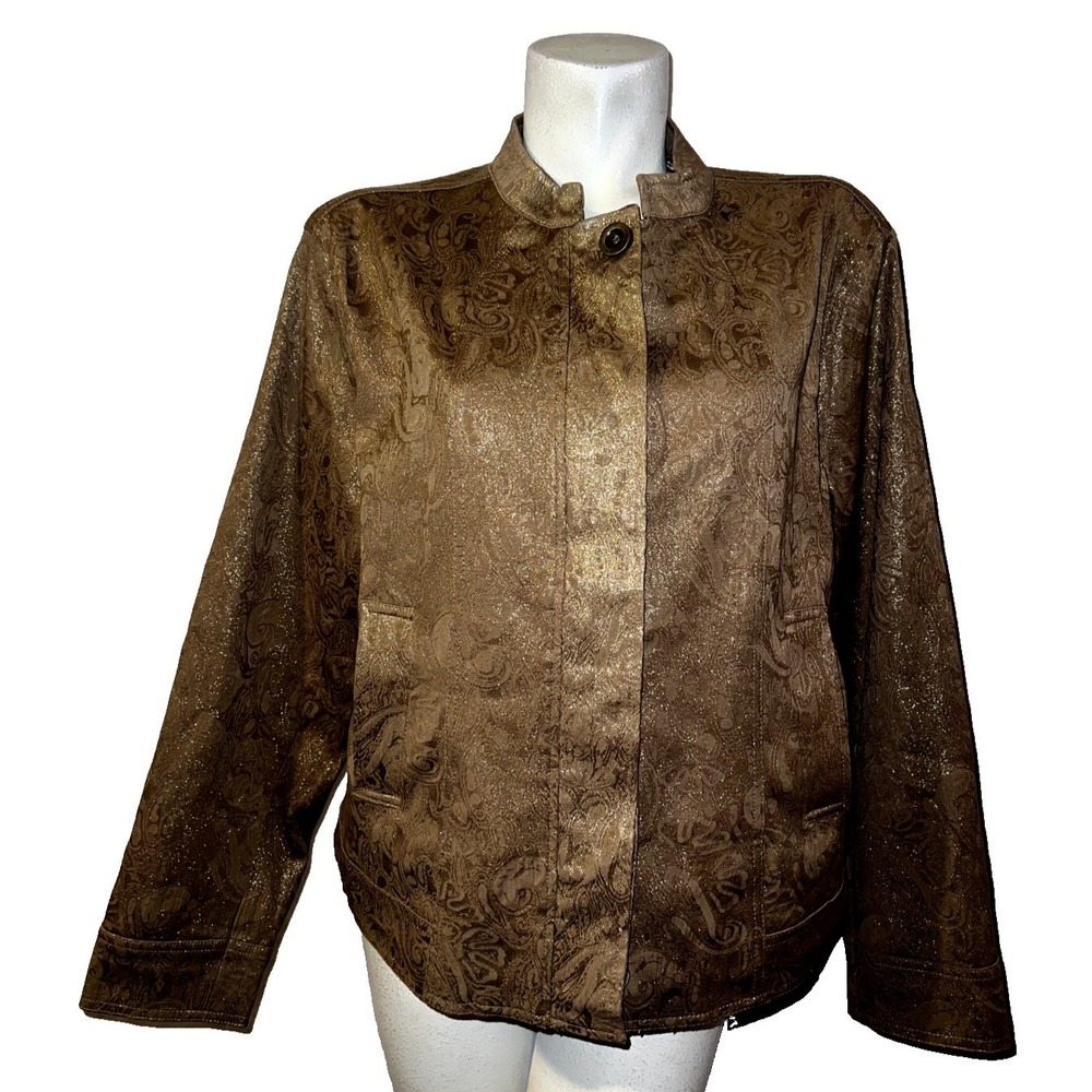 Chico's Brown Gold Paisley Print Stand Collar Button Front Jacket Womens Sz XL 3